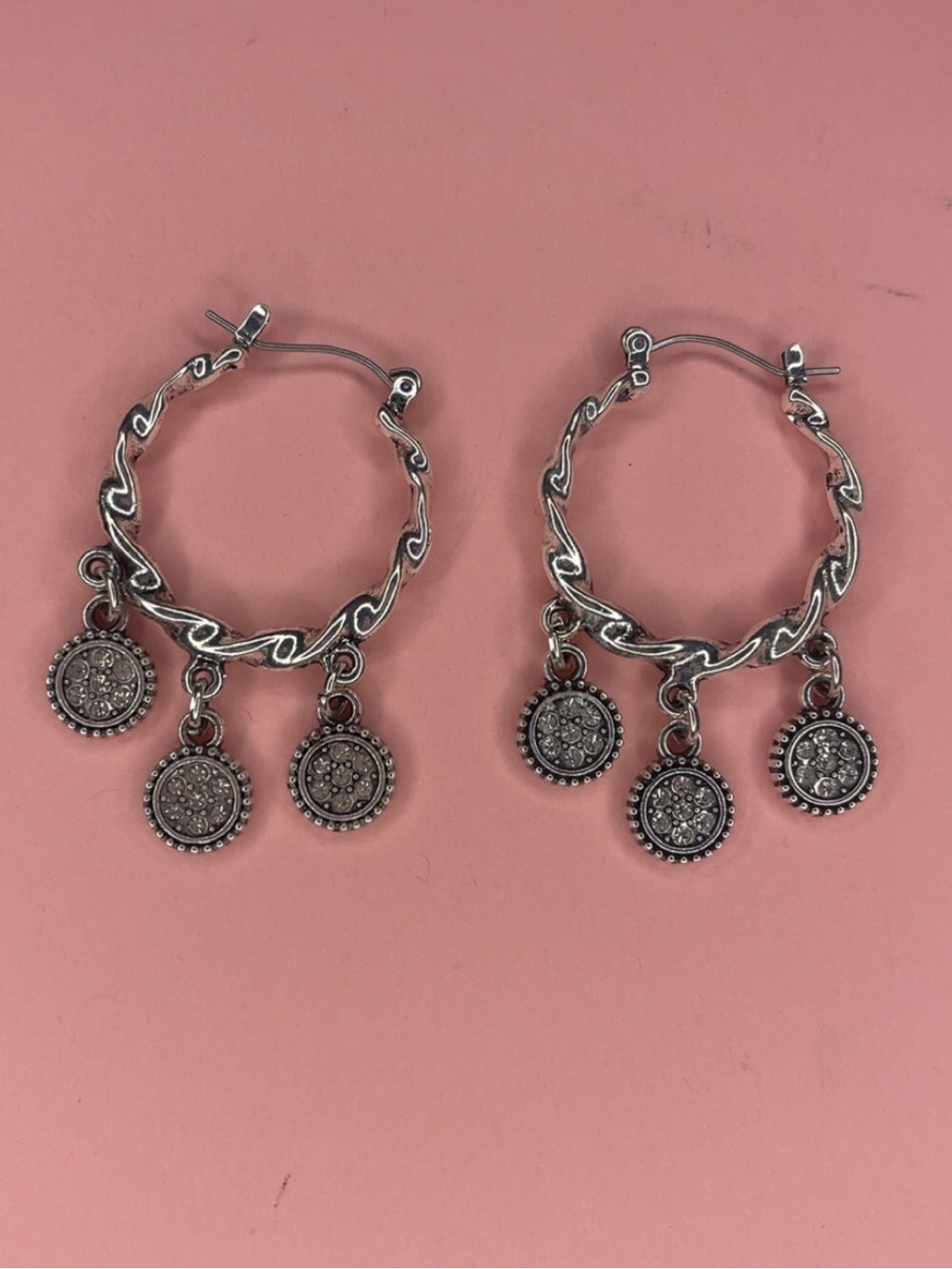 Silver-Tone Wavy Hoop Earrings with Triple Disc Pendants